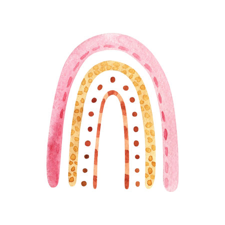 Watercolor pink pastel rainbow isolated on white background. Boho poster for baby nursery roomの写真素材