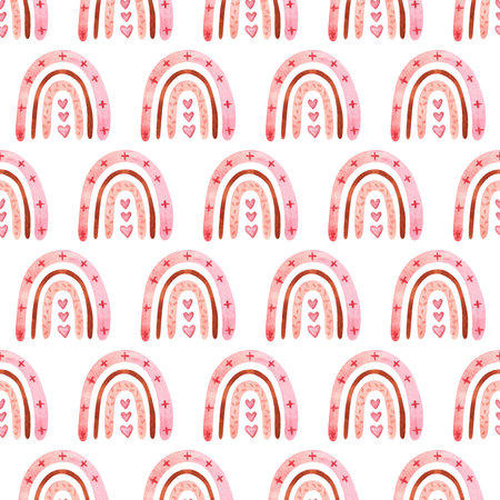 Seamless pattern with boho rainbow with star in neutral color. Watercolor hand drawn illustration digital paperの写真素材