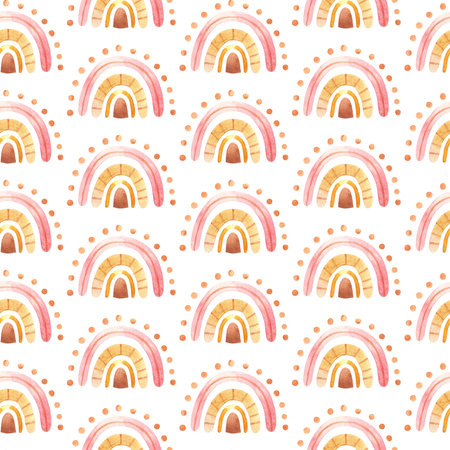 Seamless pattern with boho rainbow with star in neutral color. Watercolor hand drawn illustration digital paperの写真素材