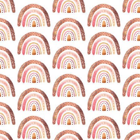 Seamless pattern with boho rainbow with star in neutral color. Watercolor hand drawn illustration digital paperの写真素材