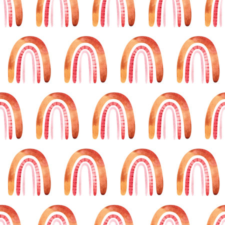 Seamless pattern with boho rainbow with star in neutral color. Watercolor hand drawn illustration digital paperの写真素材