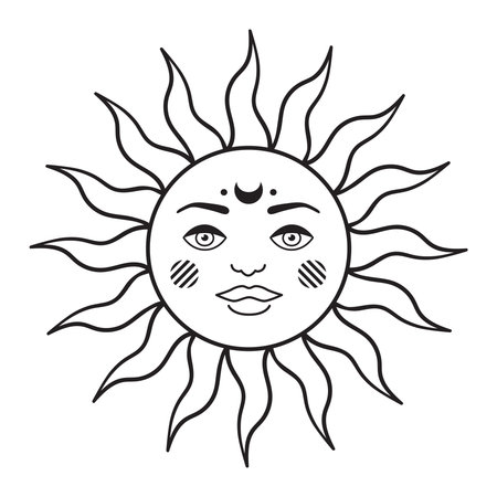 Bohemian illustration, celestial vintage design, sun with face, stylized drawing, tarot card. Mystical elementのイラスト素材