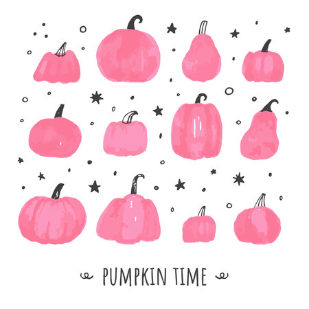 Cute grunge pink pumpkin set. Happy halloween and thanksgiving time symbolsのイラスト素材