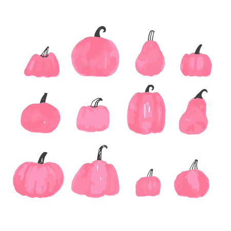 Cute grunge pink pumpkin set. Happy halloween and thanksgiving time symbolsのイラスト素材