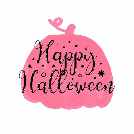 Happy Halloween, hand drawn lettering on pink marker pumpkin. Text banner for Halloween, vector illustration.のイラスト素材