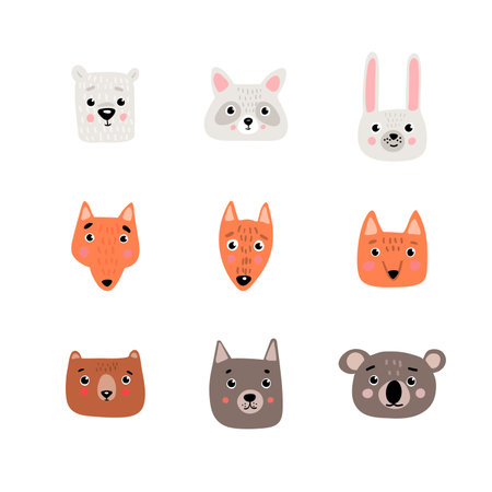 Cute animal faces for baby card and invitation. Hand drawn characters.のイラスト素材