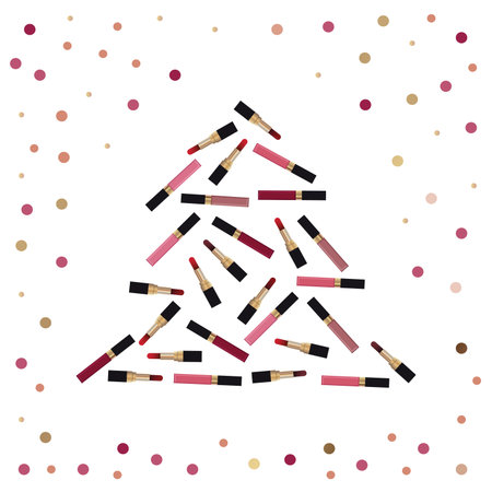 Christmas card for makeup artists. lip glosses and lipsticks laid out in the shape of a Christmas tree on a white backgroundのイラスト素材