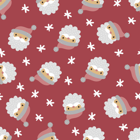 Vector Christmas seamless pattern with Santa Claus faces and stars. Vintage holiday repeated texture with cartoon character.のイラスト素材