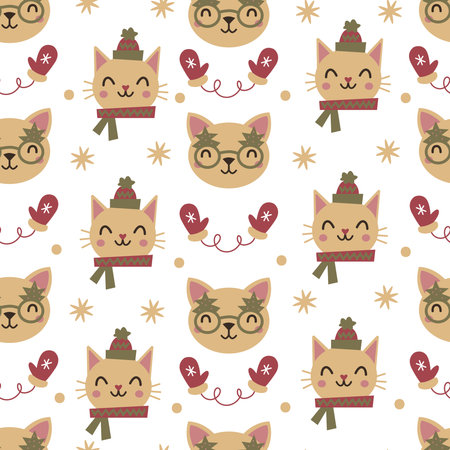 Christmas vector pattern with cats. Hand drawn winter seamless backgroundのイラスト素材
