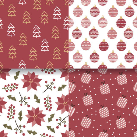 Christmas set of vector hand drawn seamless patterns. New Year and Merry Christmas set on craft paper background in cute style.のイラスト素材