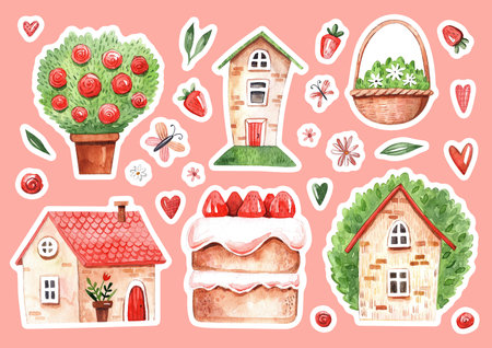 Watercolor illustration of summer houses with cake, strawberry, flowers and hearts.の写真素材