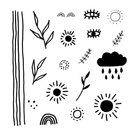 Various sketchy doodle hapes and objects. Freehand black hearts, curves, dots, spiral, boho rainbows. Grunge style. Hand drawn abstract vector set.のイラスト素材