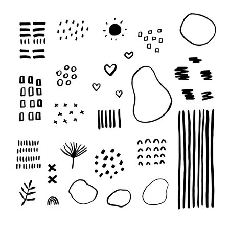 Various sketchy doodle hapes and objects. Freehand black hearts, curves, dots, spiral, boho rainbows. Grunge style. Hand drawn abstract vector set.のイラスト素材
