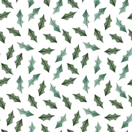 Christmas seamless watercolor background. Watercolor handmade floral seamless pattern with Christmas holly leavesの写真素材