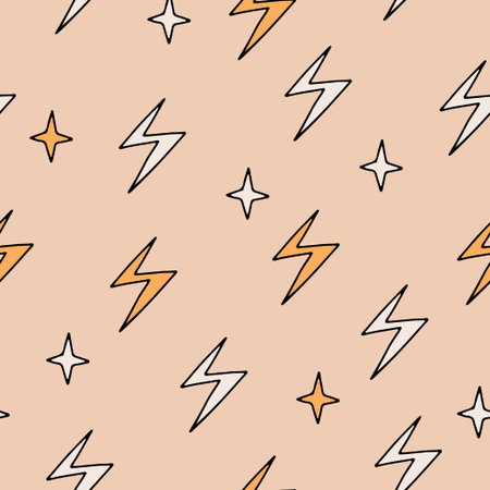 Retro vector seamless pattern with lightning. Flat doodle design.のイラスト素材