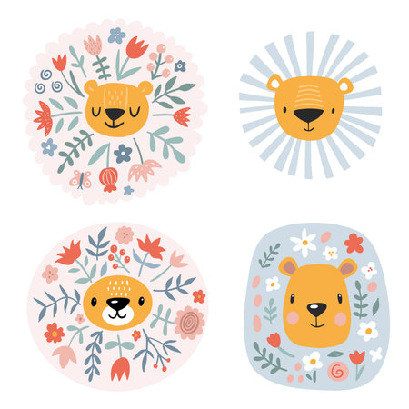 Cute lions with floral. Modern vector illustrationのイラスト素材