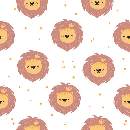 Cute lion seamless pattern. Hand-drawn vector illustration for posters, cards, t-shirts, texture for fabric, wrapping, textile, wallpaper, and apparel. childish background with animal facesのイラスト素材