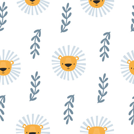 Cute lion seamless pattern. Hand-drawn vector illustration for posters, cards, t-shirts, texture for fabric, wrapping, textile, wallpaper, and apparel. childish background with animal facesのイラスト素材