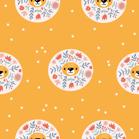 Modern floral lion seamless pattern. Trendy background with cute animal and blooming flowers. creative blooming texture. Great for fabric and textile. Child vector illustration.のイラスト素材