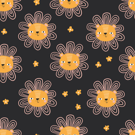 Modern floral lion seamless pattern. Trendy background with cute animal and blooming flowers. creative blooming texture. Great for fabric and textile. Child vector illustration.のイラスト素材