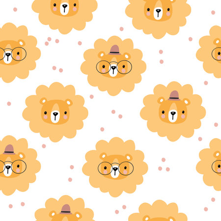 Cute lion seamless pattern. Hand-drawn vector illustration for posters, cards, t-shirts, texture for fabric, wrapping, textile, wallpaper, and apparel. childish background with animal facesのイラスト素材