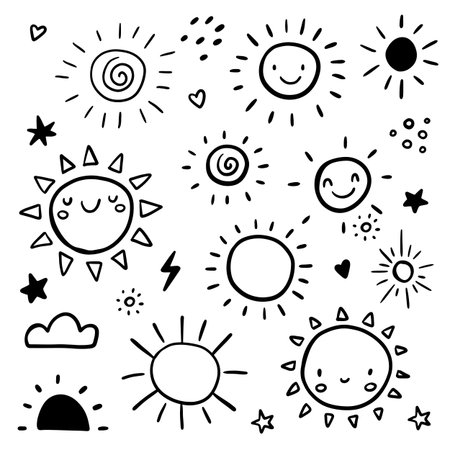 Cute set of sun icons. Funny happy smiley suns. Happy doodles bright and beautiful cartoon characters. vector illustrationのイラスト素材