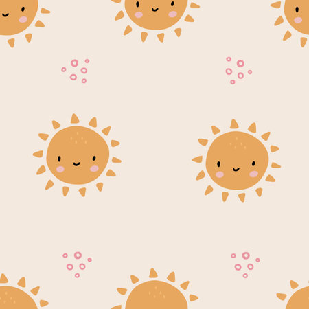 Cute seamless pattern of sun icons. Funny happy smiley suns. Bright and beautiful cartoon background. vector illustrationのイラスト素材