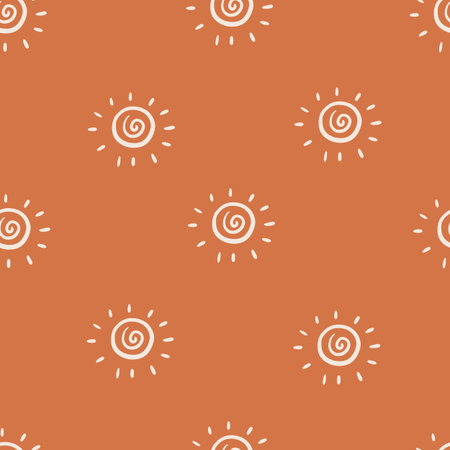 Seamless background sun gender neutral pattern. Whimsical minimal earthy 2 tone color. kids nursery wallpaper or boho cartoon summer fashion all over print. vector illustrationのイラスト素材
