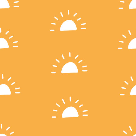 White sun seamless pattern on yellow background. Flat vector illustration. Sun with ray sign symbol...
