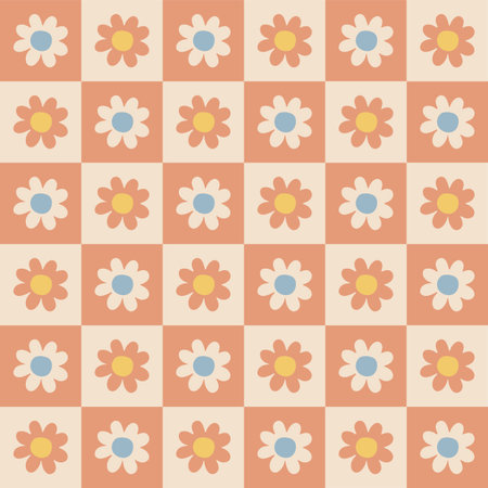 Retro floral groovy vector seamless pattern surface design, textile, stationery, wrapping paper, covers. 60s, 70s, 80s style. Abstract squares with vintage backgroundsのイラスト素材