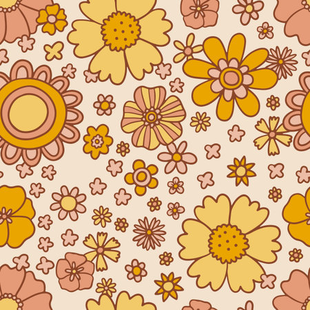 Retro floral groovy vector seamless pattern surface design, textile, stationery, wrapping paper, covers. 60s, 70s, 80s style. Abstract squares with vintage backgroundsのイラスト素材
