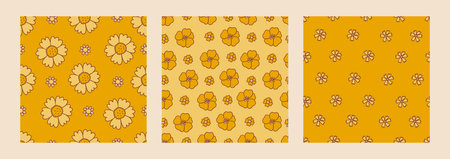 Retro floral groovy vector seamless patterns surface design, textile, stationery, wrapping paper, covers. 60s, 70s, 80s style. Set of abstract squares with vintage backgroundsのイラスト素材