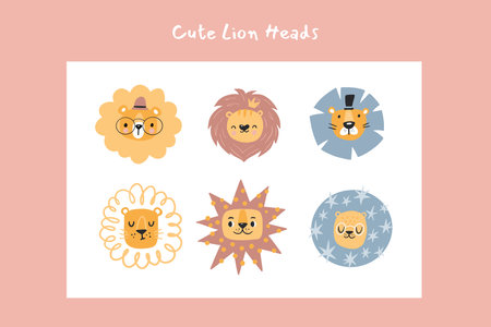 Cute lions with floral elements. Modern vector illustration. Jungle life clipart. vector illustration. Funny doodle animals.のイラスト素材