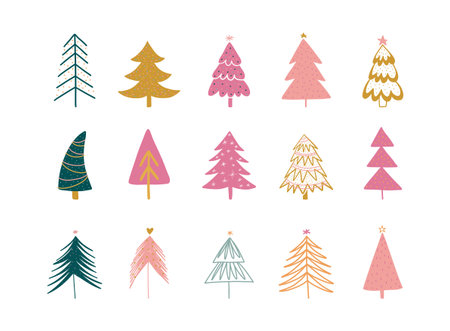 Hand drawn set of Christmas trees. Holidays set.のイラスト素材