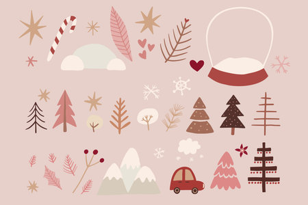 Cute winter trees with mountains and cars, vector boho isolated illustration, New Year and Christmas elements of nature for creating a landscape.のイラスト素材