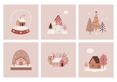Winter card with houses, trees for Christmasのイラスト素材