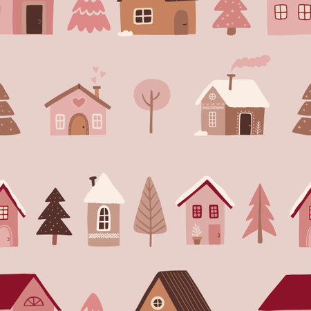Christmas seamless pattern with trees and housesのイラスト素材