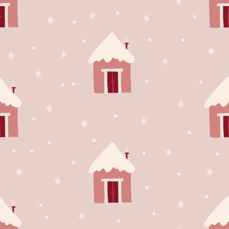 Winter seamless pattern of cute house with starsのイラスト素材
