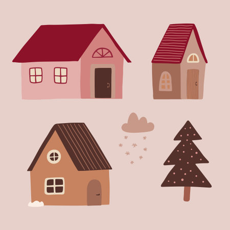 Cute Christmas houses with decor. New Year and Christmas attributeのイラスト素材
