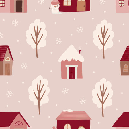 Christmas seamless pattern with trees and housesのイラスト素材