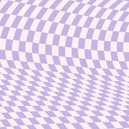 Purple distorted checkerboard background. Retro psychedelic checkered wallpaper. Wavy groovy chessboard surface. Trippy twisted geometric pattern. Abstract vector backdropのイラスト素材