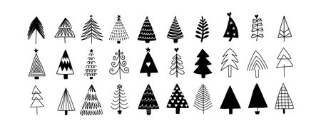 Hand drawn set of Christmas trees. Holidays set.のイラスト素材