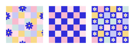Y2k seamless patterns with daisies and chessのイラスト素材
