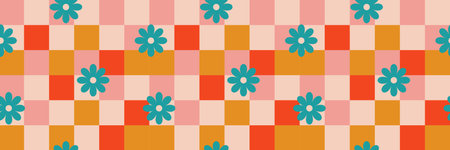 Groovy seamless pattern with daisies and chessのイラスト素材
