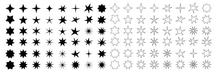 Minimalist silhouette stars, twinkle star shape symbols. Modern geometric elements, shining star icons, abstract sparkle black silhouettes symbol vector set. Black shape and outline elements on whiteのイラスト素材