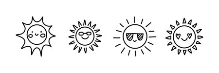 Cute sun collection. Happy cartoon charactersのイラスト素材