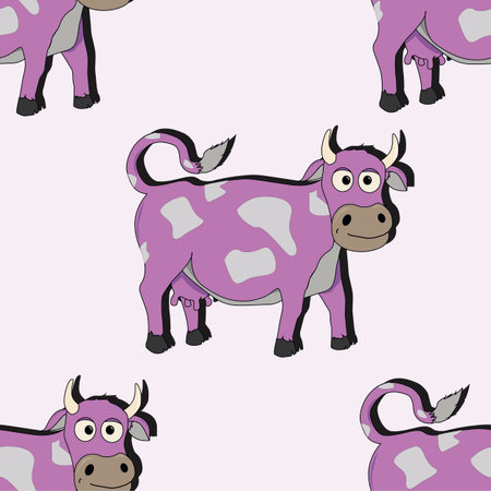 Cartoon cow on the green grass spotted vector illustration seamlessのイラスト素材