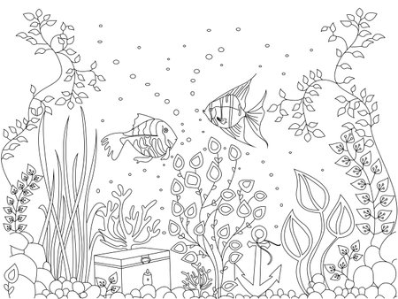 Anti-stress coloring seabed fish vector illustration. Sea animals. Black and white.のイラスト素材