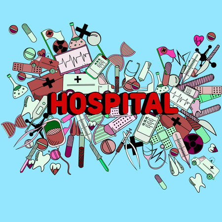 Hospital line art design vector illustration. Separate objects. Hand drawn doodle design elements.のイラスト素材