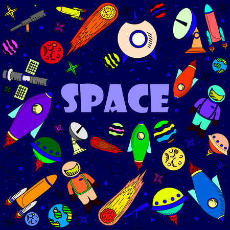 Space line art design vector illustration. Separate objects. Hand drawn doodle design elements.のイラスト素材